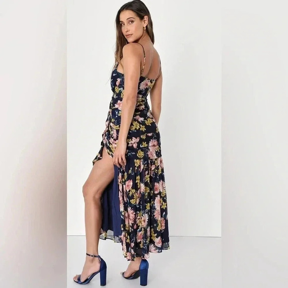 Lulus Stunning Soiree Navy Blue Floral Ruched Midi Dress - Picture 4 of 8